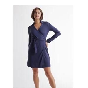 New!Quince 100% Silk Luxury Soft Jersey Mini Wrap Dress  Navy Sz S MSRP $140 #79
